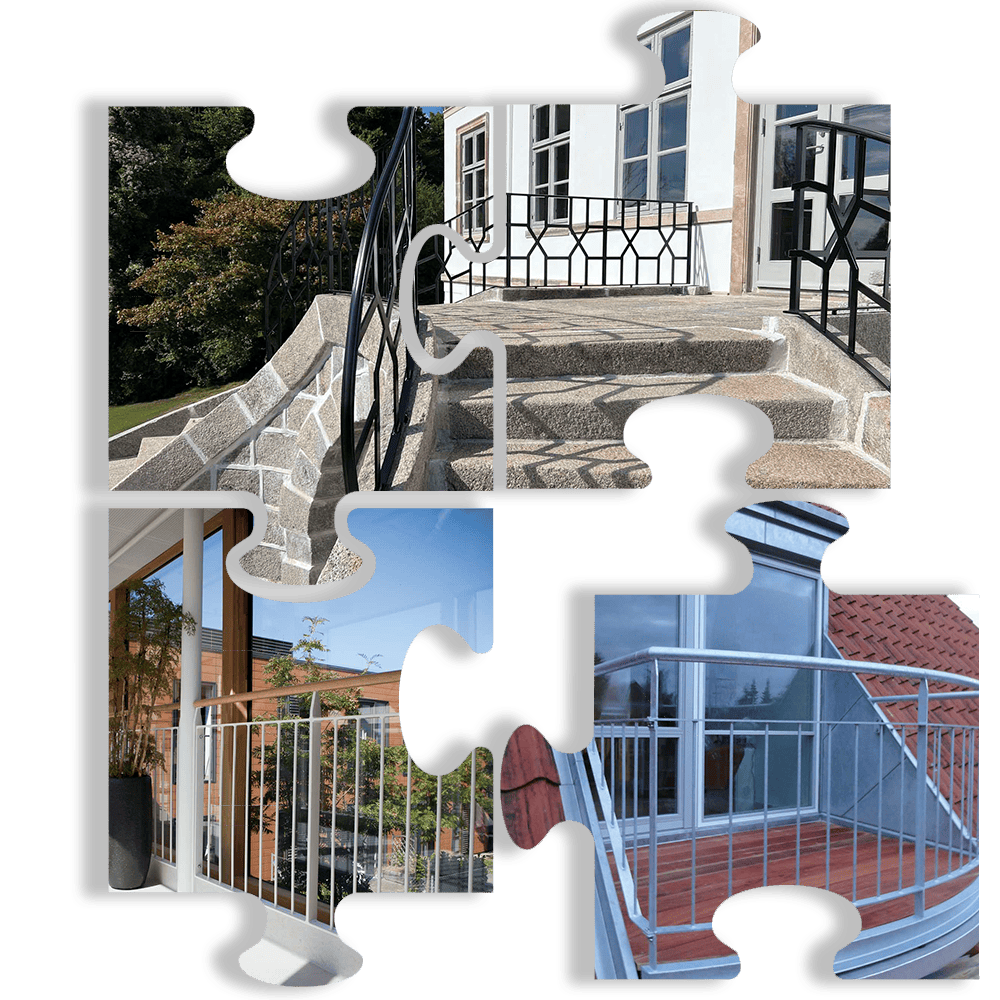 Puslespil der viser montering af udendørs ståltrappe