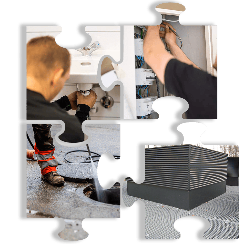 VVS-installatør monterer rør i et teknikrum under en renovering.